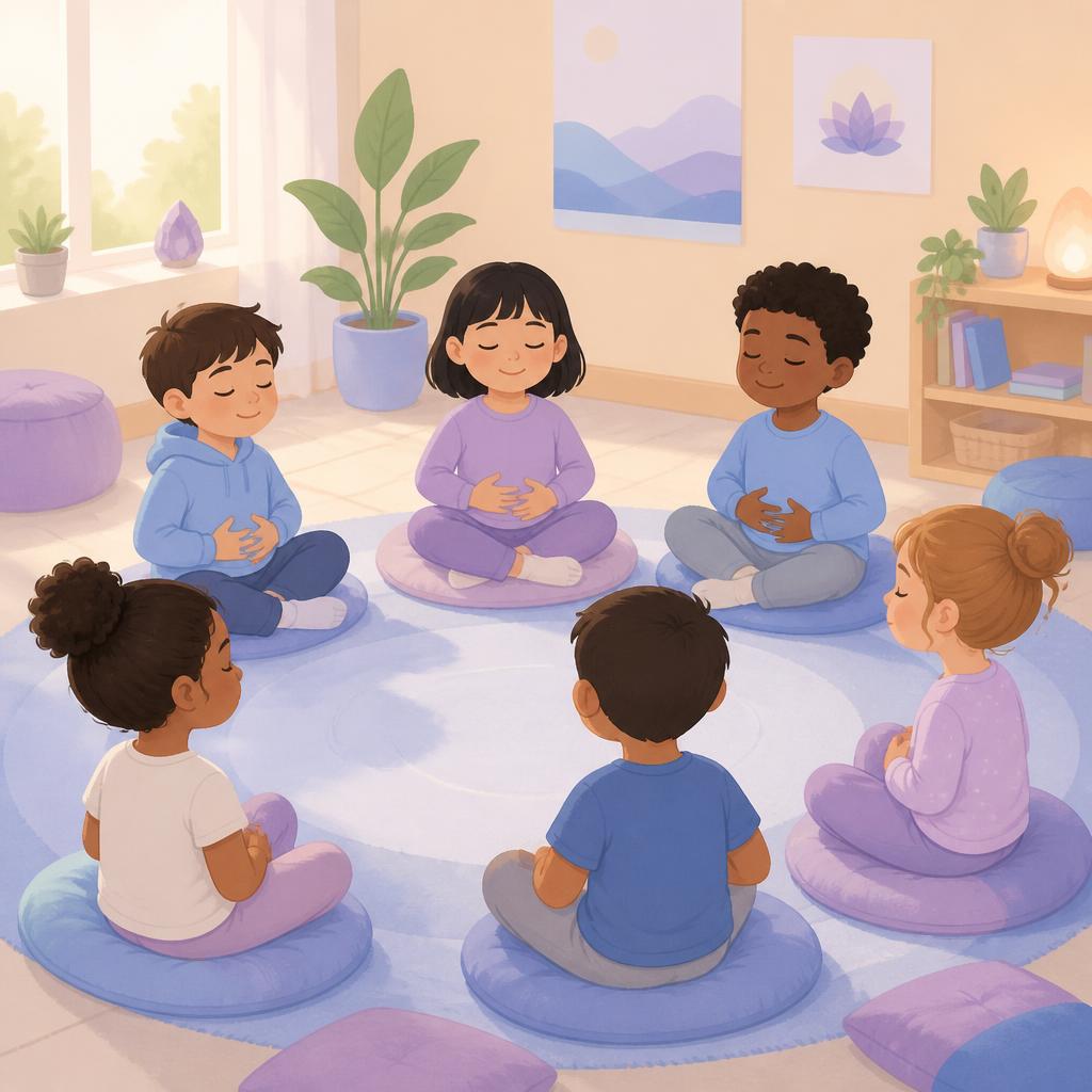 Crianças em roda praticando respiração consciente em atividade de mindfulness na escola